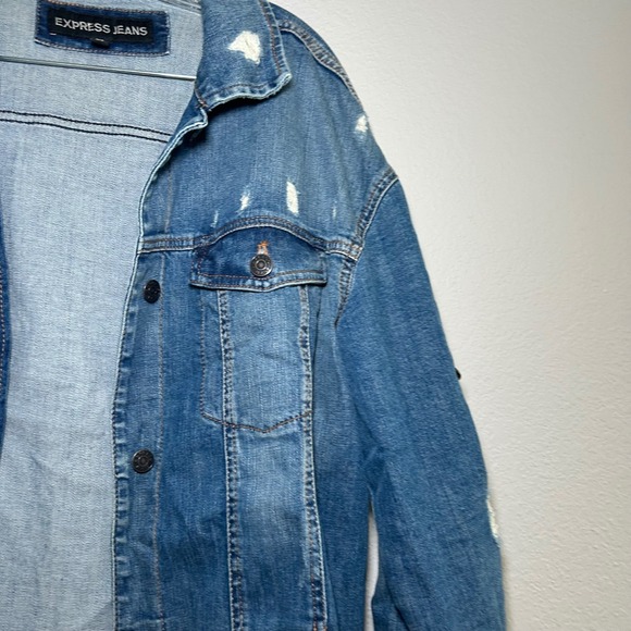 Express Jean Denim Jacket Women's Large Floral Distressed Embroidered Boho - Picture 2 of 7